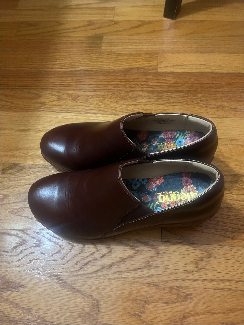 Alegria Brown Leather Slip-On Clogs with Floral Insole